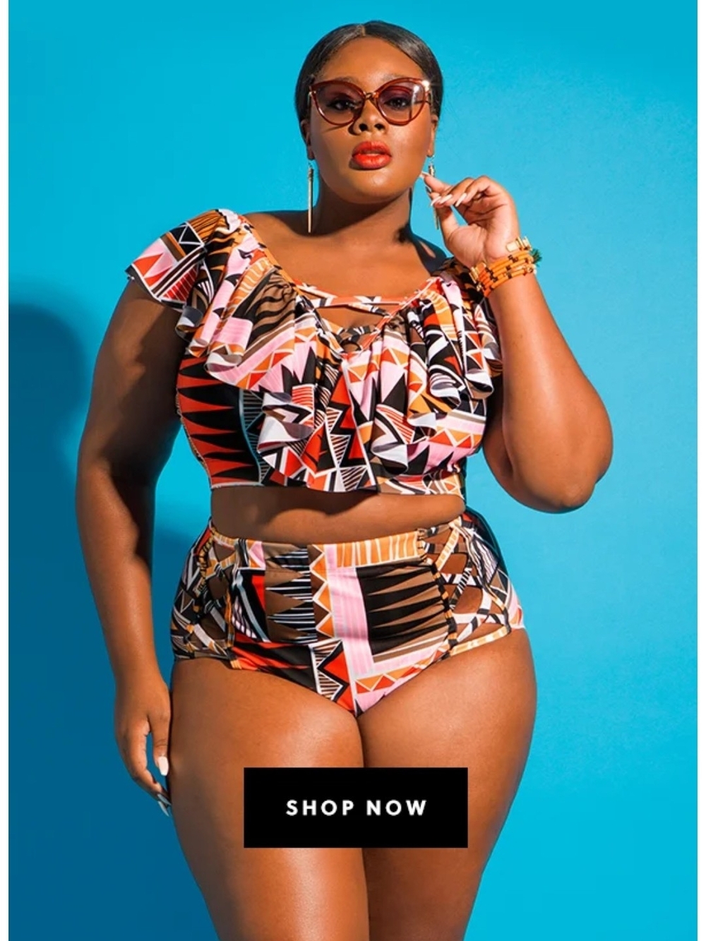 Plus Size Ruffle High-Waist Bikini Set - Black